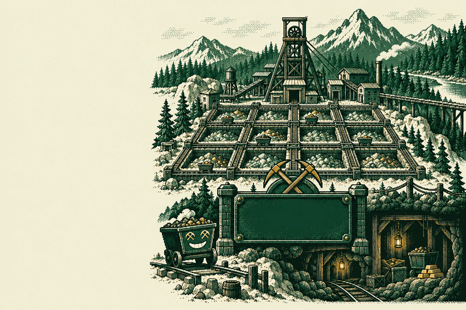 A consolidated mining district: sixteen joined claim foundations under a single headframe.