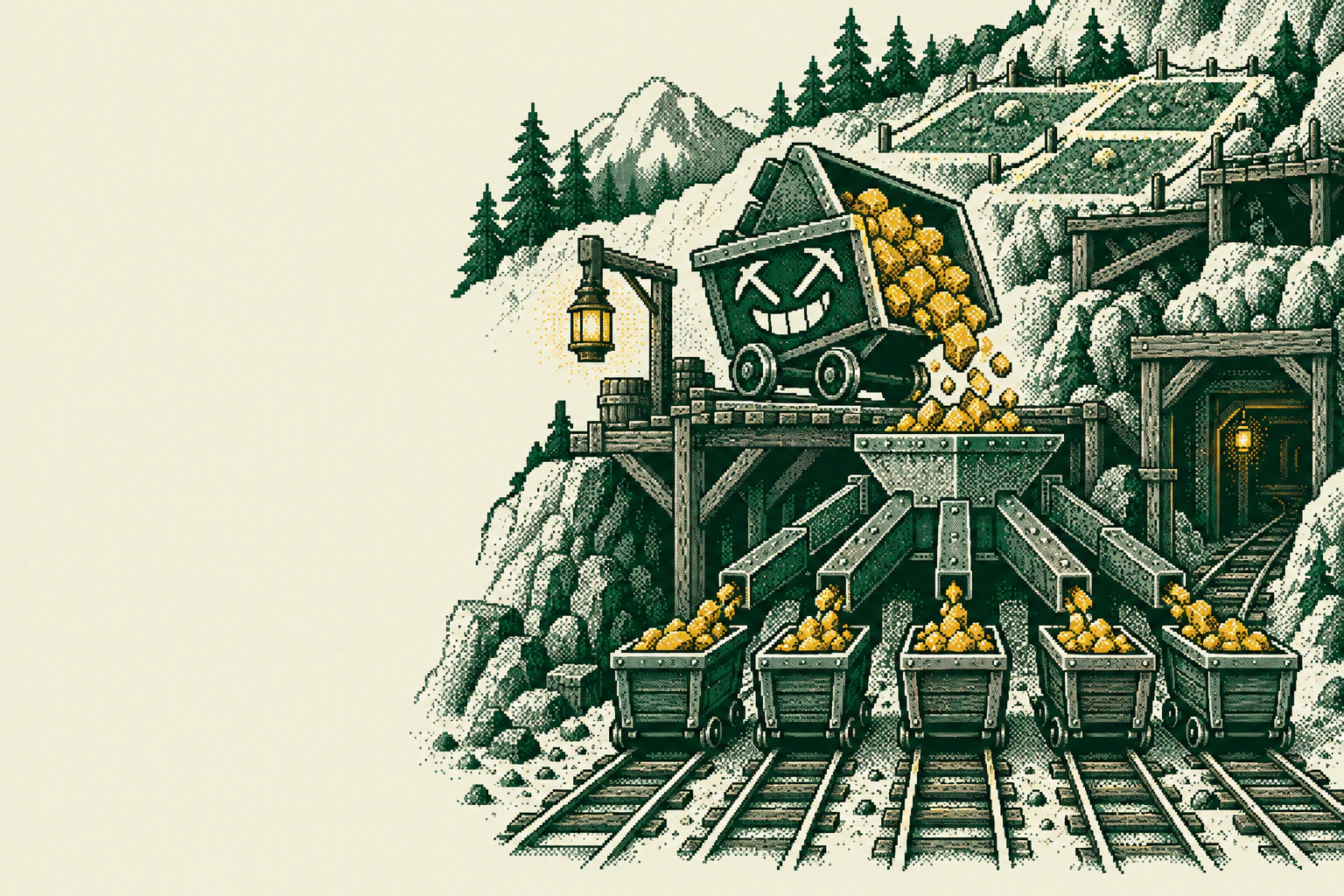 One loaded mine cart tipping its ore into a five-way splitter that fills five smaller carts.